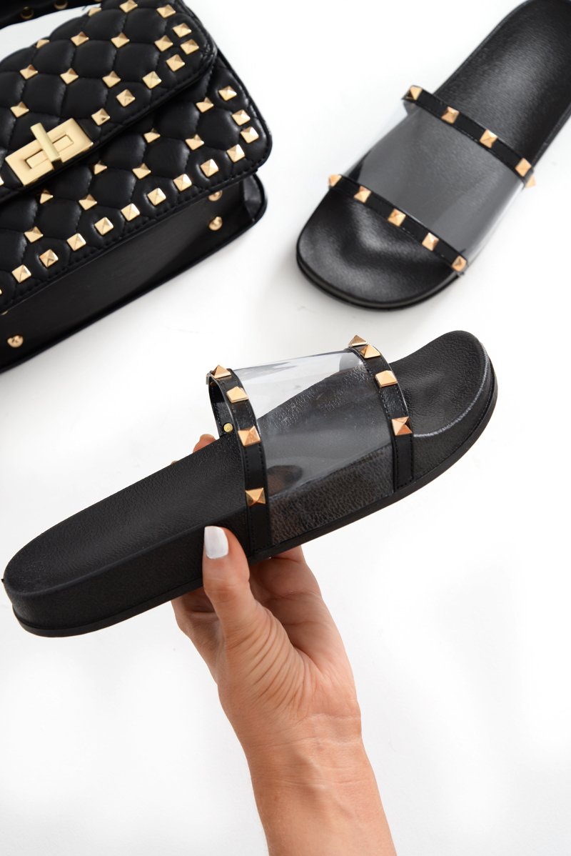 Black Studded Clear Sliders - Libertee-Sliders