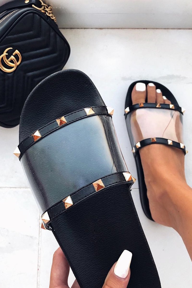 Black Studded Clear Sliders - Libertee-Sliders