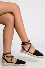 Black Studded Cross Over Espadrilles -Zareen-Flats