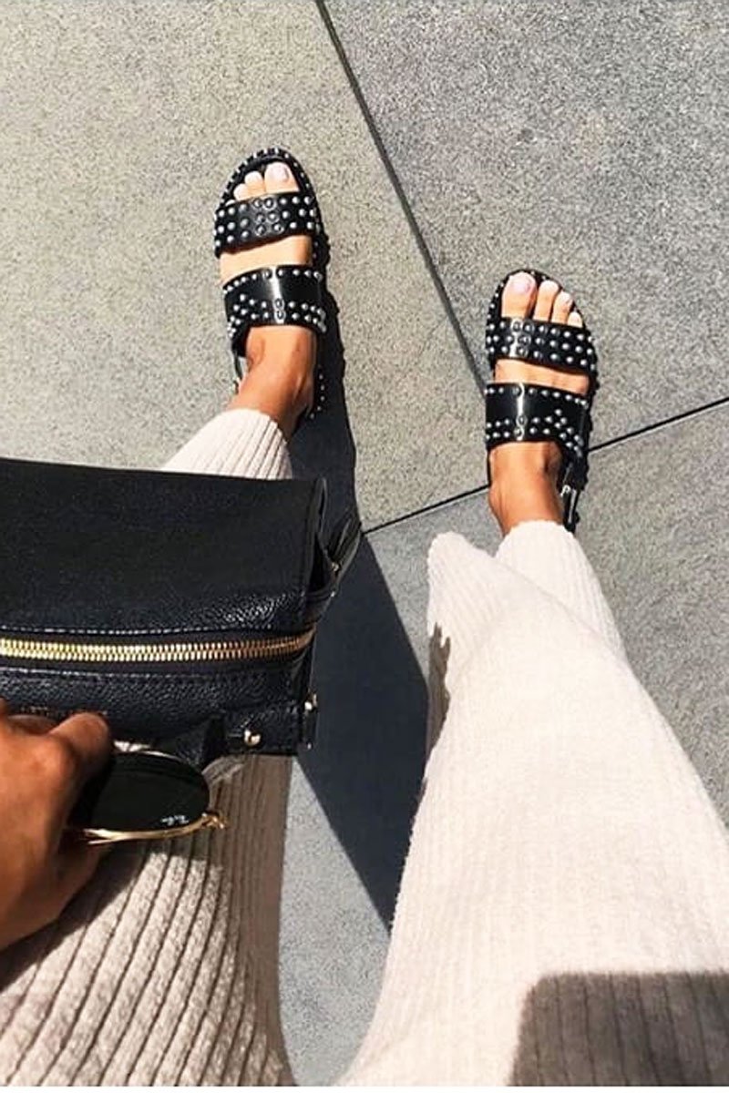 Black Studded Double Strap Sandals - Rosselyn-Sandals