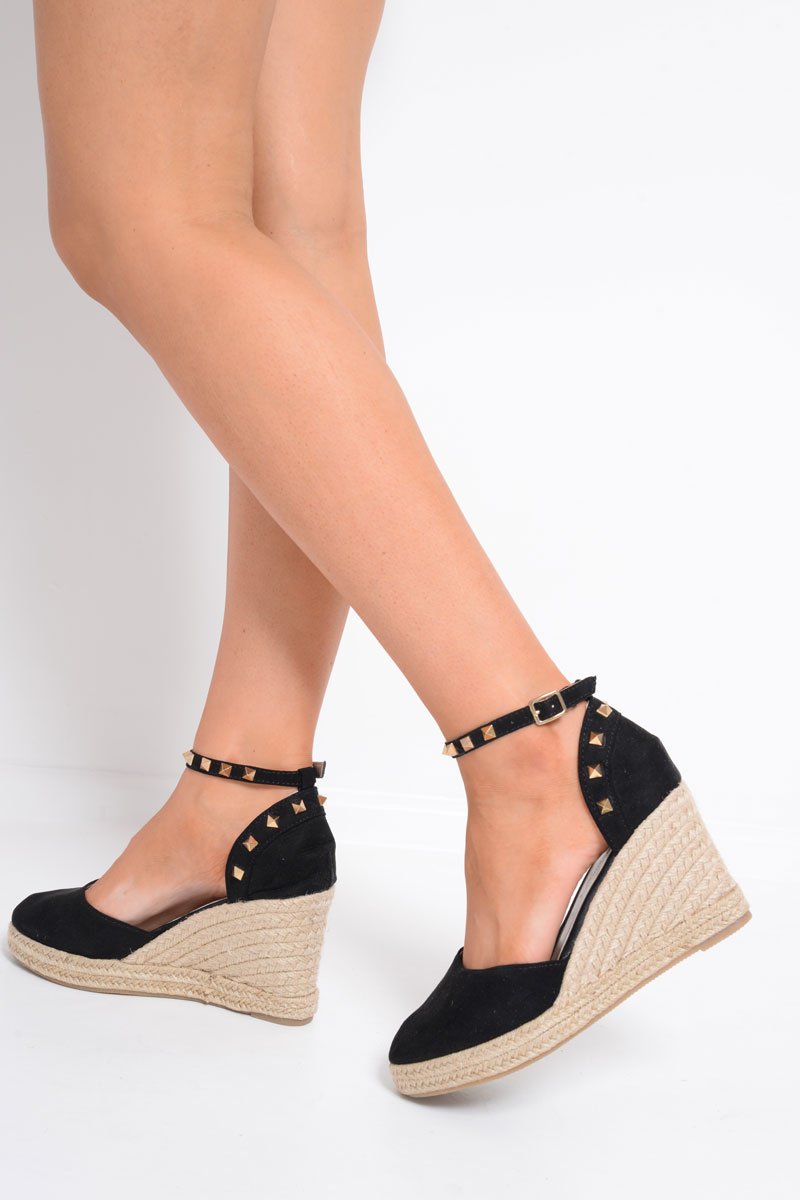 Black Studded Espadrille Wedges - Margerie-Wedges