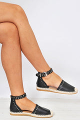 Black Studded Espadrilles Sandals - Robin-Flats