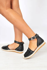 Black Studded Espadrilles Sandals - Robin-Flats