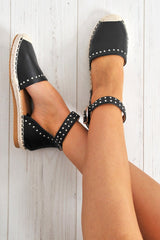 Black Studded Espadrilles Sandals - Robin-Flats