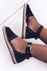 Black Studded Espadrilles Sandals - Robin-Flats