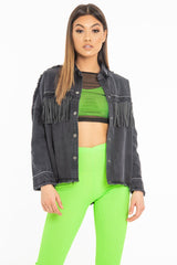 Black Studded Fringe Detail Distressed Denim Jacket - Carli-Jackets