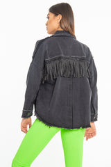Black Studded Fringe Detail Distressed Denim Jacket - Carli-Jackets