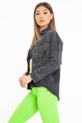 Black Studded Fringe Detail Distressed Denim Jacket - Carli-Jackets