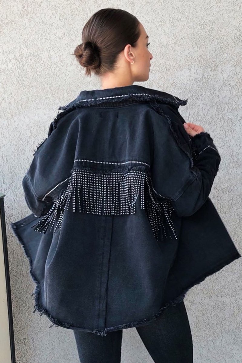 Black Studded Fringe Detail Distressed Denim Jacket - Carli-Jackets