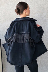 Black Studded Fringe Detail Distressed Denim Jacket - Carli-Jackets