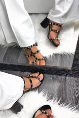 Black Studded Heeled Sandals - Sakai-Sandals