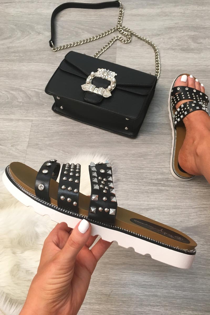 Black Studded Multi Strap Sandals - Suad-Sliders