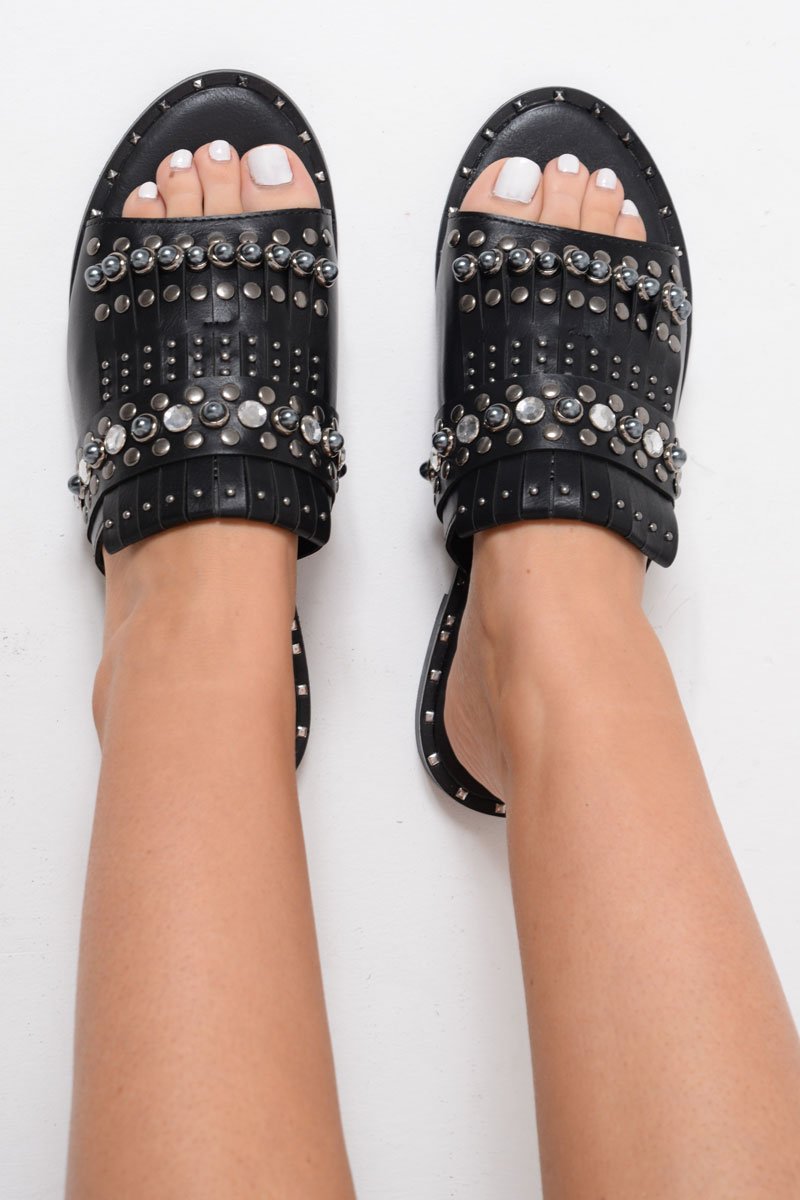Black Studded Pu Sliders -Embyr-Sliders