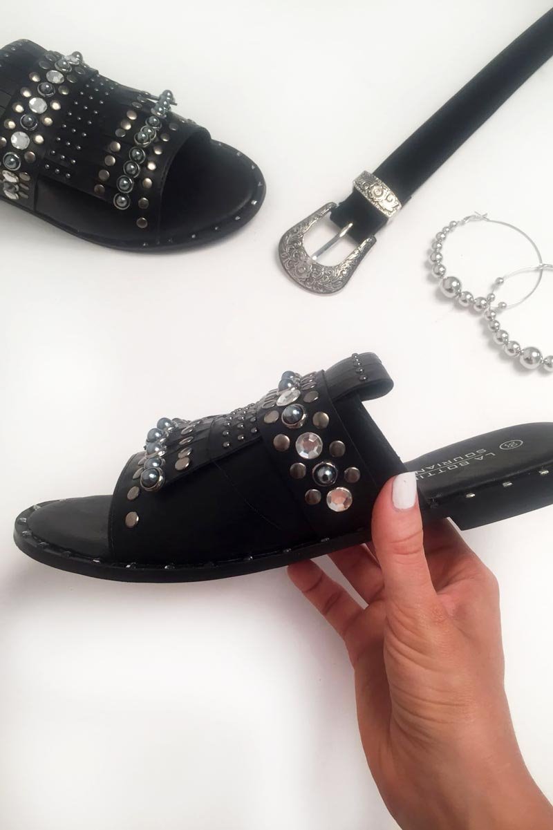 Black Studded Pu Sliders -Embyr-Sliders