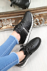 Black Studded Ribbon Lace Up Trainers - Mckynley-Trainers