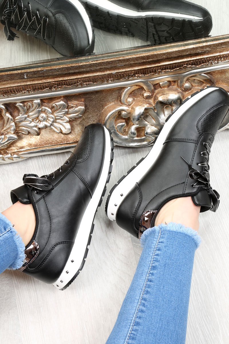 Black Studded Ribbon Lace Up Trainers - Mckynley-Trainers