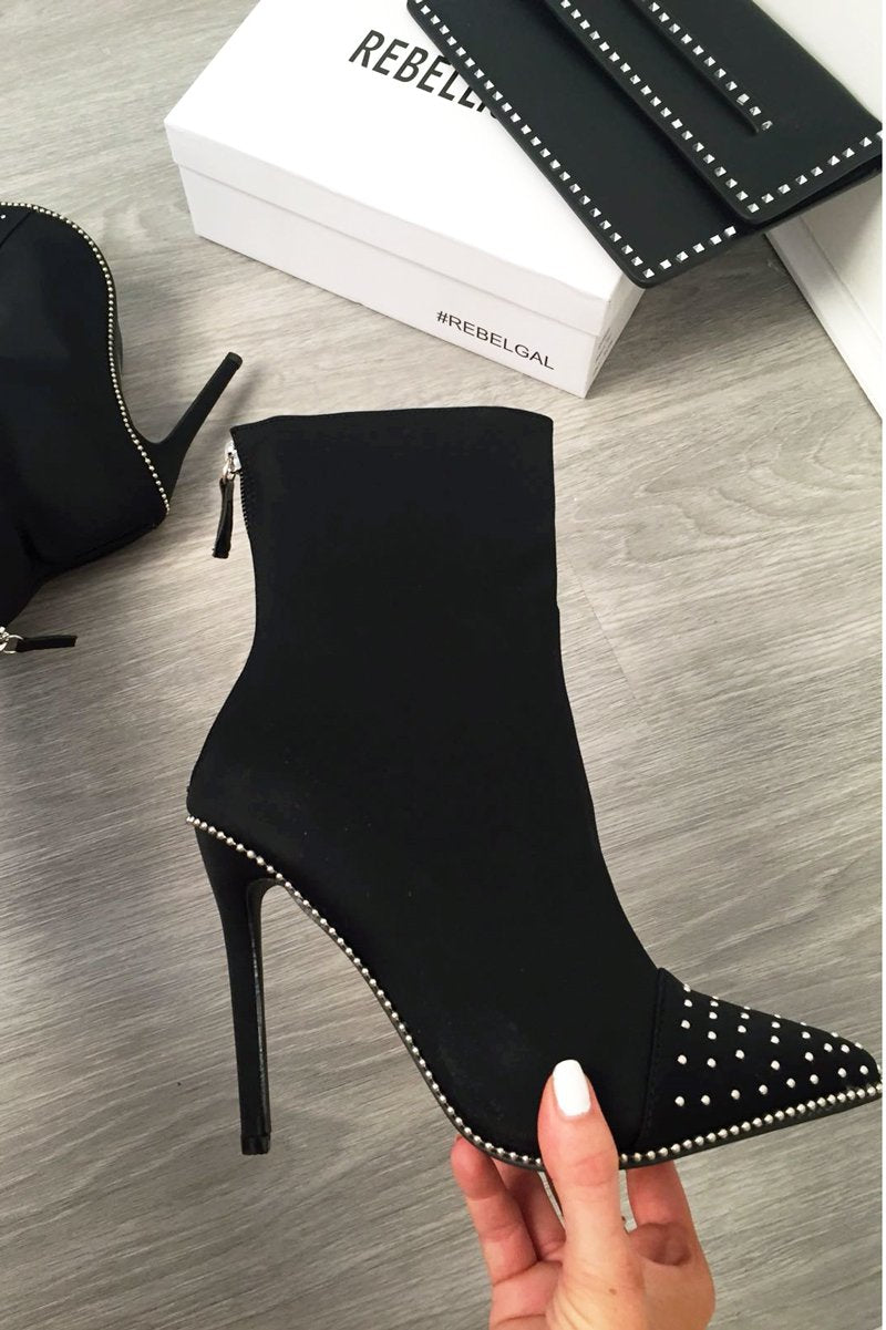 Black Studded Stiletto Sock Boot - Bethia-Boots