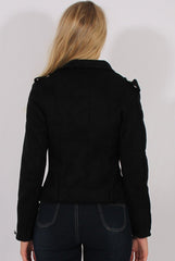 Black Suede Belted Biker Jacket - Marcy-Jackets