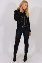 Black Suede Belted Biker Jacket - Marcy-Jackets
