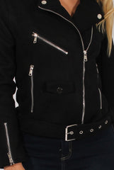 Black Suede Belted Biker Jacket - Marcy-Jackets