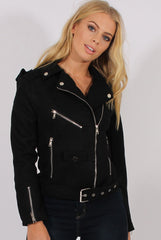 Black Suede Belted Biker Jacket - Marcy-Jackets