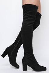 Black Suede Block Heel Thigh High Boots - Cayla-Boots