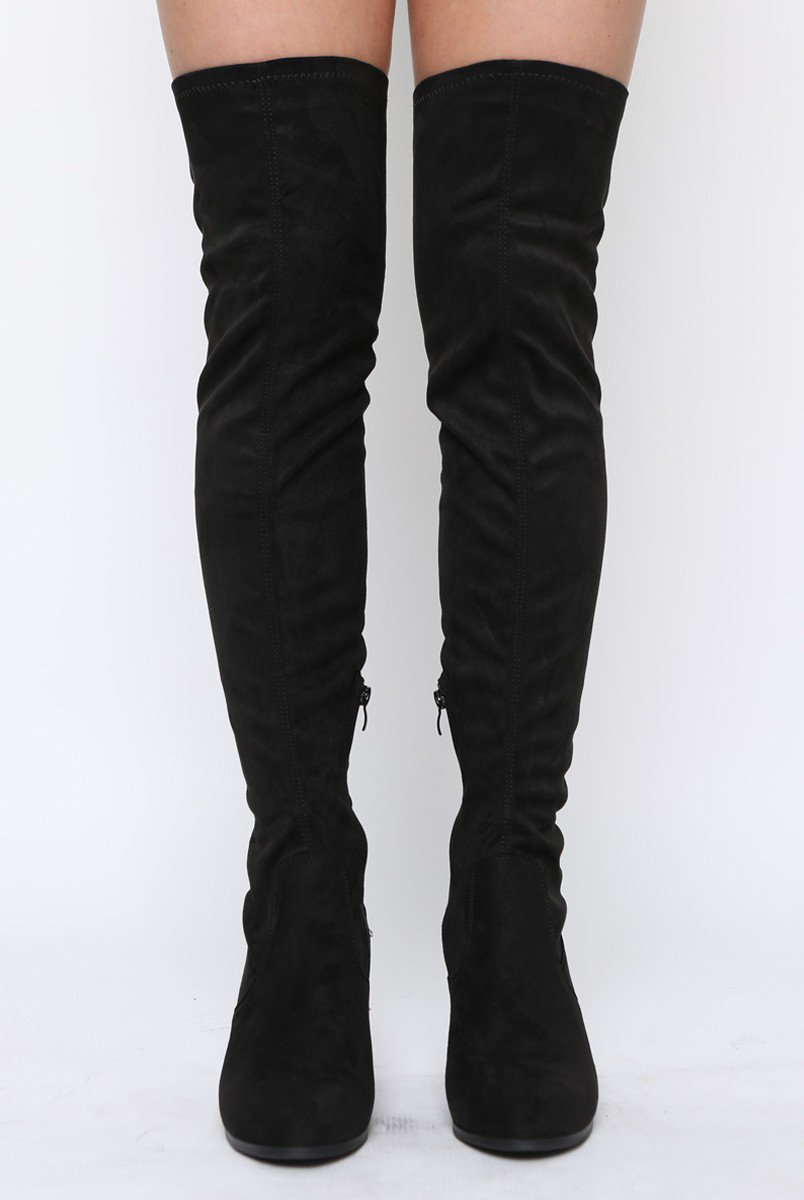 Black Suede Block Heel Thigh High Boots - Cayla-Boots