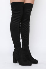 Black Suede Block Heel Thigh High Boots - Cayla-Boots