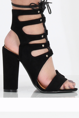 Black Suede Block Lace Up Heel- Daisy-Heels