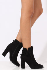 Black Suede Bow Detail Heeled Ankle Boots - Emrata-Boots
