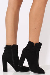 Black Suede Bow Detail Heeled Ankle Boots - Emrata-Boots