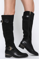 Black Suede Buckle Gold Detail Long Boots - Dori-Boots