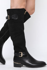 Black Suede Buckle Gold Detail Long Boots - Dori-Boots