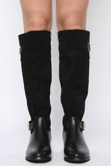 Black Suede Buckle Gold Detail Long Boots - Dori-Boots