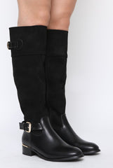 Black Suede Buckle Gold Detail Long Boots - Dori-Boots