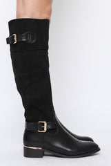 Black Suede Buckle Gold Detail Long Boots - Dori-Boots