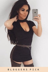 Black Suede Choker Neck Dress - Alani-Dresses