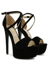 Black Suede Cross Over Strap Platform Heels - Martha-Heels
