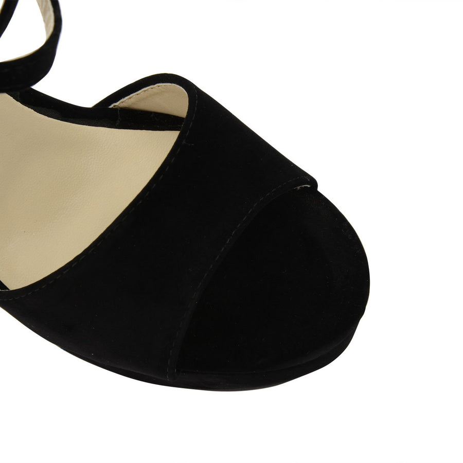 Black Suede Cross Over Strap Platform Heels - Martha-Heels