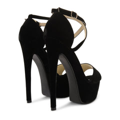 Black Suede Cross Over Strap Platform Heels - Martha-Heels