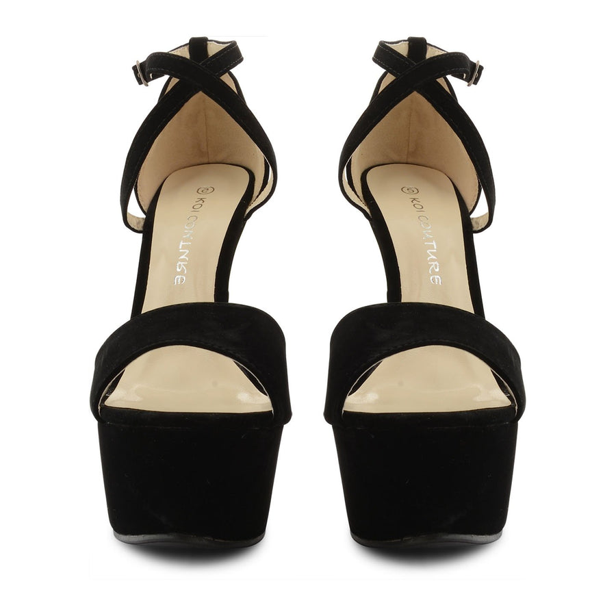 Black Suede Cross Over Strap Platform Heels - Martha-Heels