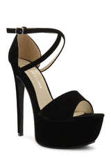 Black Suede Cross Over Strap Platform Heels - Martha-Heels