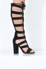 Black Suede Cut Out Knee High Heels - Amaya-Heels