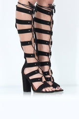 Black Suede Cut Out Knee High Heels - Amaya-Heels