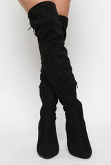 Black Suede Drawstring Stretch Block Heel Thigh High Boots - Kimora-Boots