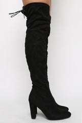 Black Suede Drawstring Stretch Block Heel Thigh High Boots - Kimora-Boots