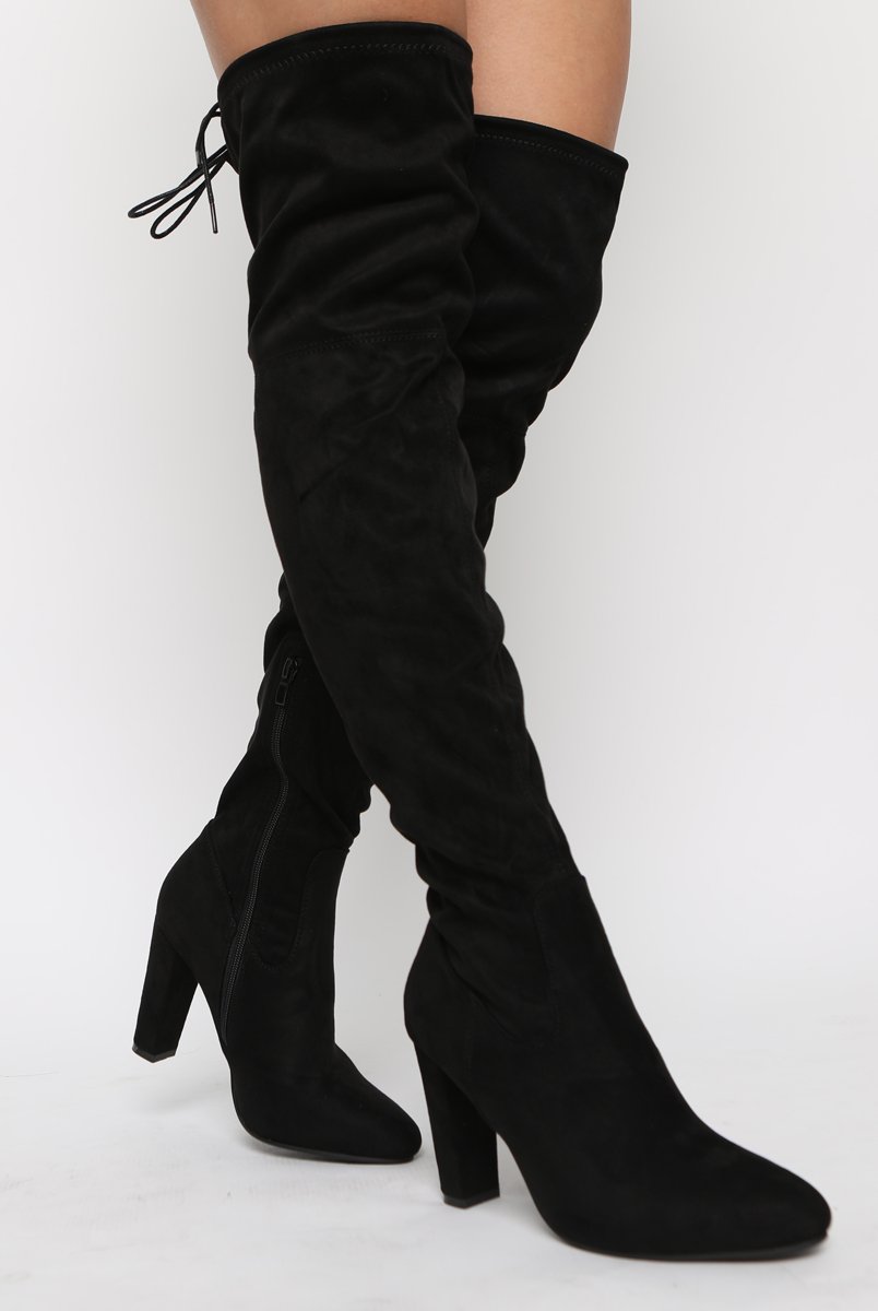 Stringed High Boot Black Suede Drawstring Stretch Block Heel Thigh High Boots - Kimora ...