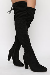Black Suede Drawstring Stretch Block Heel Thigh High Boots - Kimora-Boots