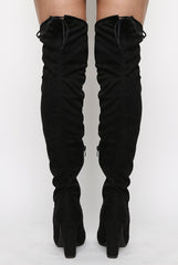 Black Suede Drawstring Stretch Block Heel Thigh High Boots - Kimora-Boots