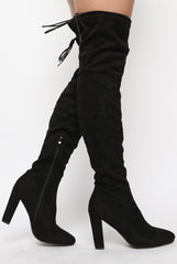 Black Suede Drawstring Stretch Block Heel Thigh High Boots - Kimora-Boots